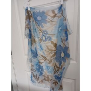 Sheer Blue Floral Chiffon Scarf 34x34 – Lightweight Square Spring Scarf